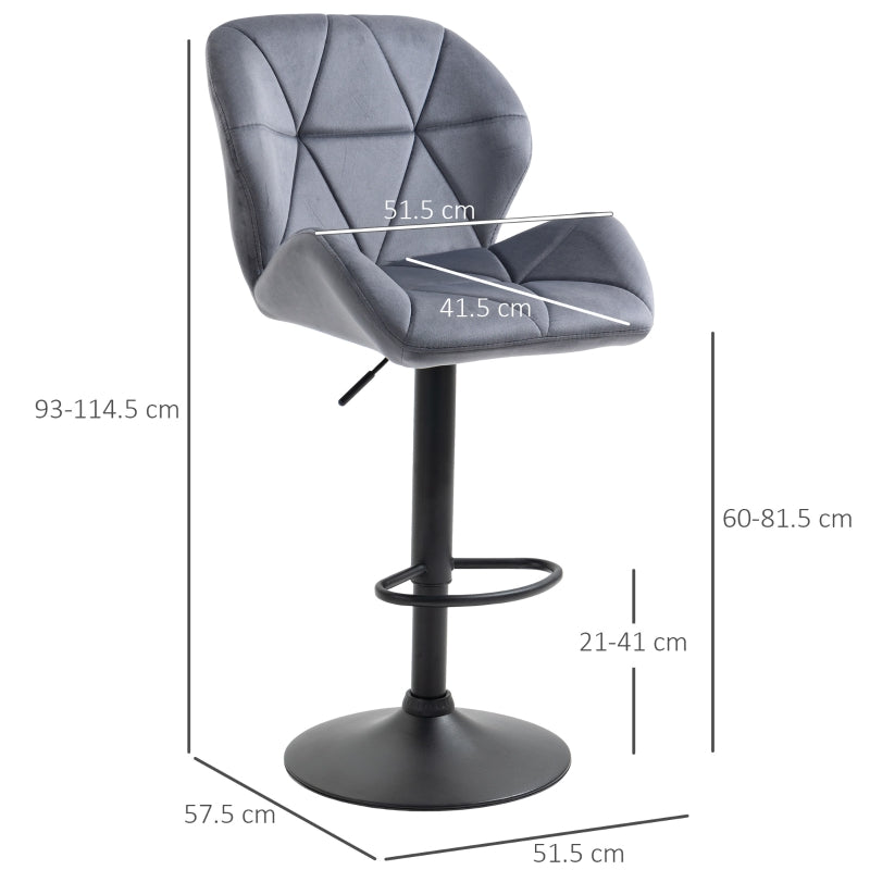 Set of 2 Dark Grey Adjustable Swivel Bar Stools | Upholstered Kitchen Counter Stools with Back for Home Bar and Café