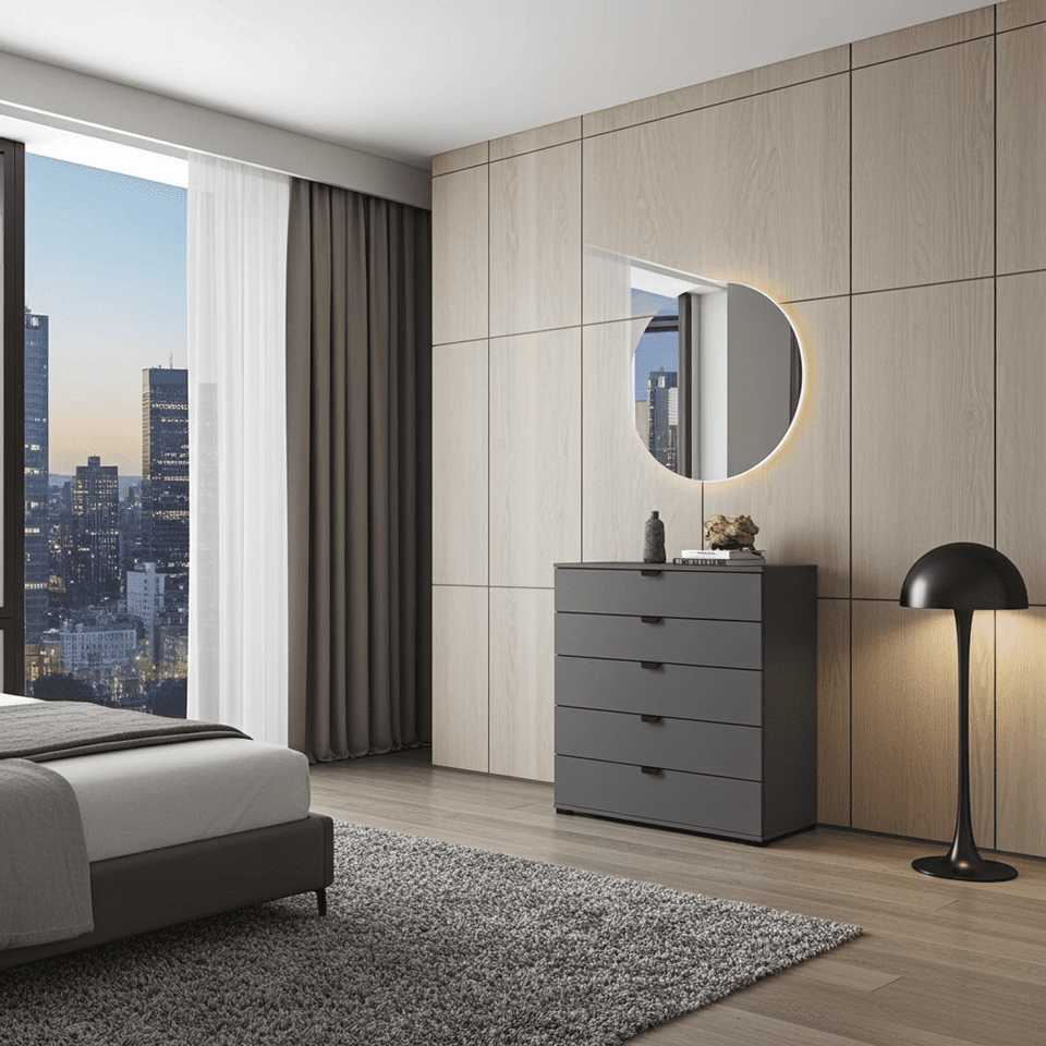 Valentina grey chest of drawers from Lavish Kitchen Isle with 5 spacious storage drawers, modern 90cm wide bedroom furniture.