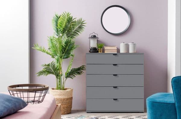 Lavish Kitchen Isle Axio grey chest of drawers with five spacious storage drawers, modern 90cm wide bedroom furniture