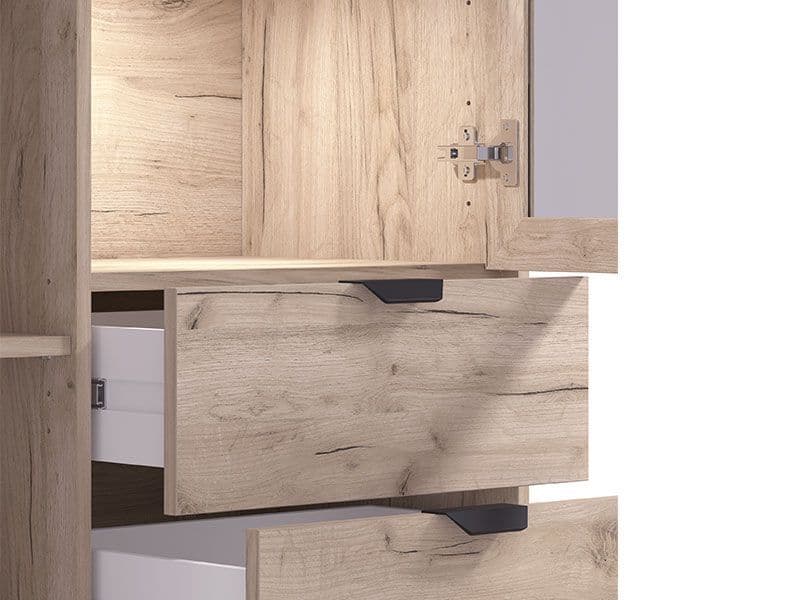 Grey oak and cashmere slatted display cabinet with shelves