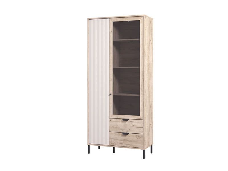 Grey oak and cashmere slatted display cabinet with shelves