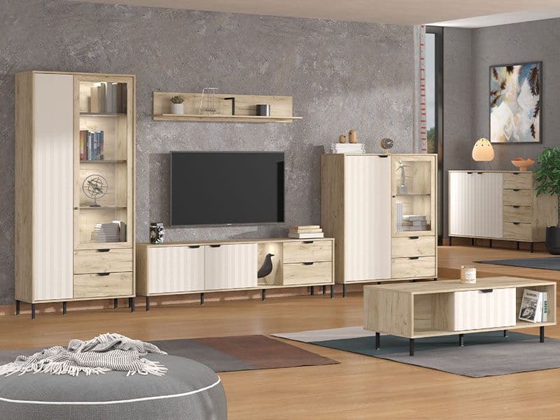 Grey oak and cashmere slatted display cabinet with shelves