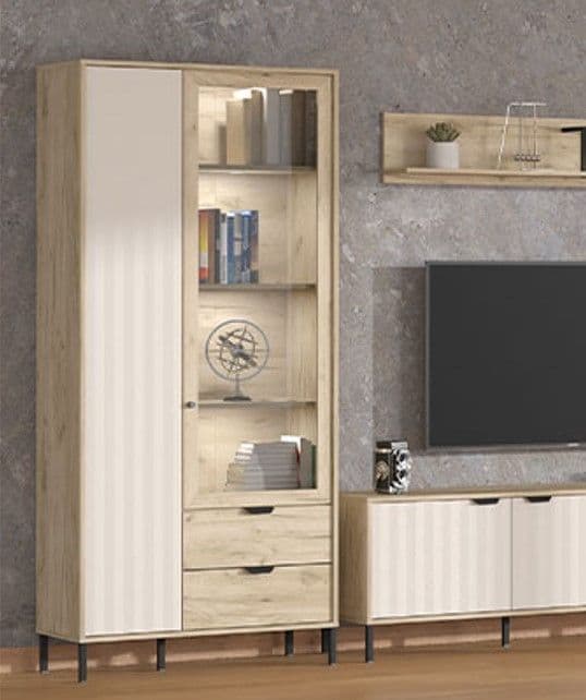 Grey oak and cashmere slatted display cabinet with shelves