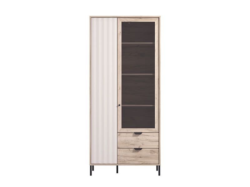 Grey oak and cashmere slatted display cabinet with shelves