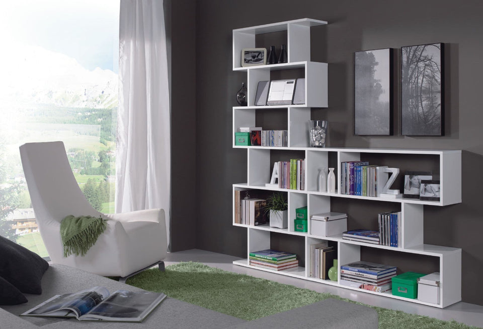 Lavish Kitchen Isle SHA white gloss tall bookcase with open-back design, 6-tier shelving for modern living room or office storage