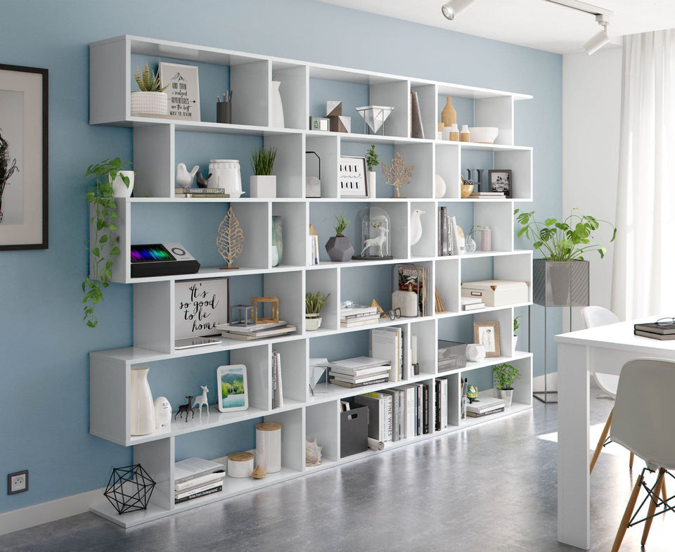 Lavish Kitchen Isle SHA white gloss tall bookcase with open-back design, 6-tier shelving for modern living room or office storage