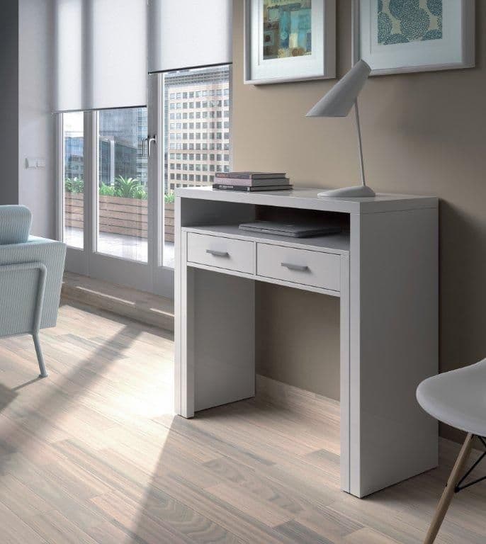 Lavish Kitchen Isle Omomy Arctic White extending desk console table with drawers, ideal for home office or dressing room use.