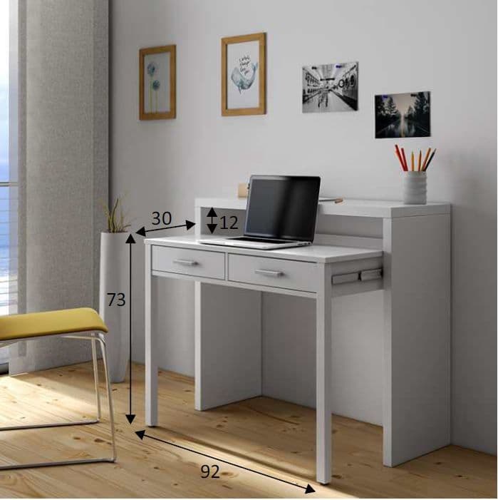 Lavish Kitchen Isle Omomy Arctic White extending desk console table with drawers, suitable for home office or dressing room.