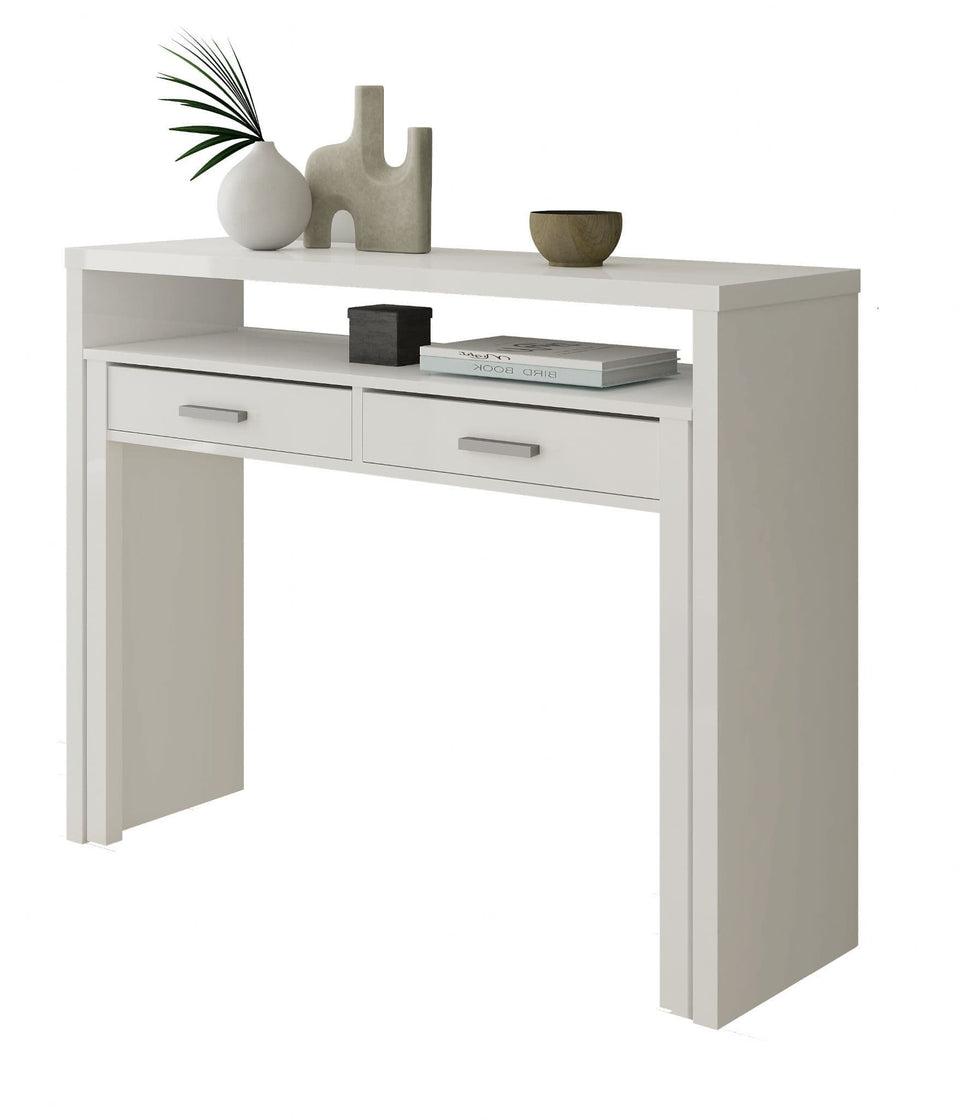 Lavish Kitchen Isle Omomy Arctic White extending desk console table with drawers, ideal for home office or dressing area.