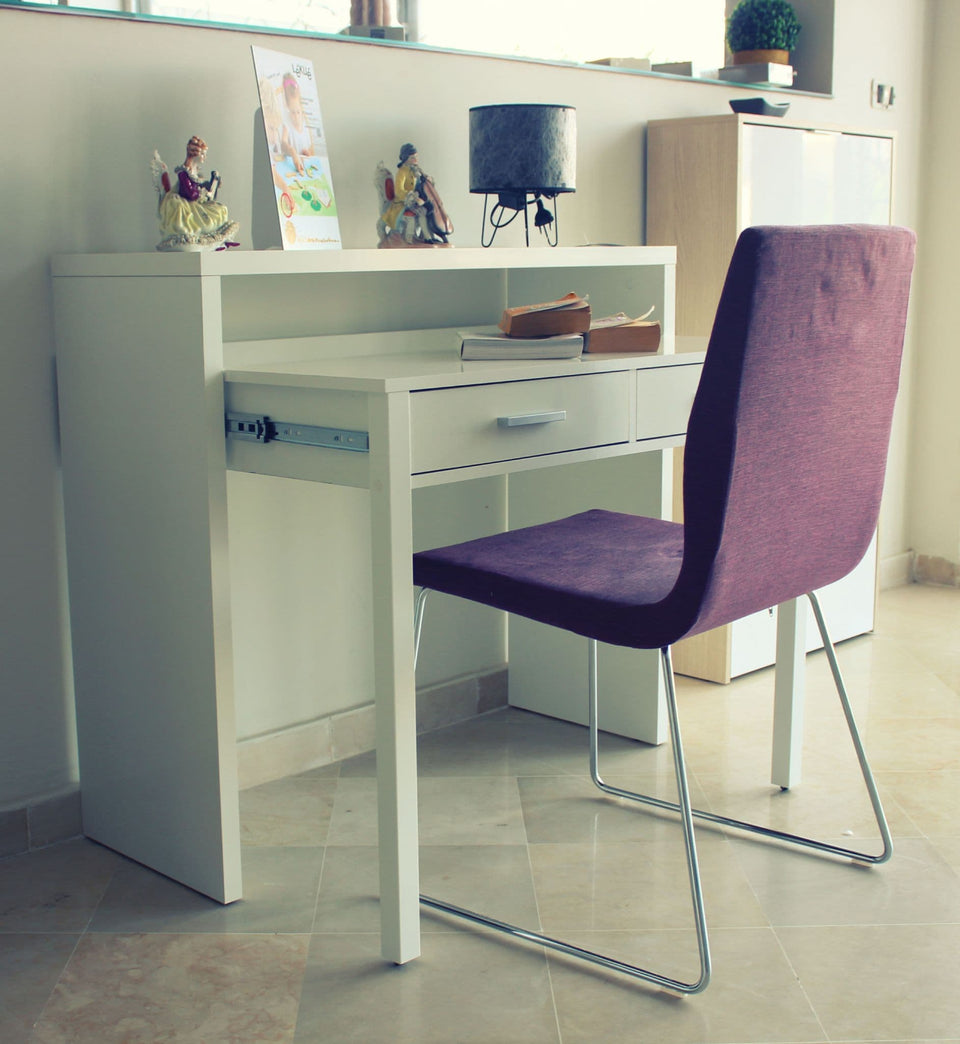 Lavish Kitchen Isle Omomy Arctic White extending desk console table with drawers, ideal for home office or dressing room use.
