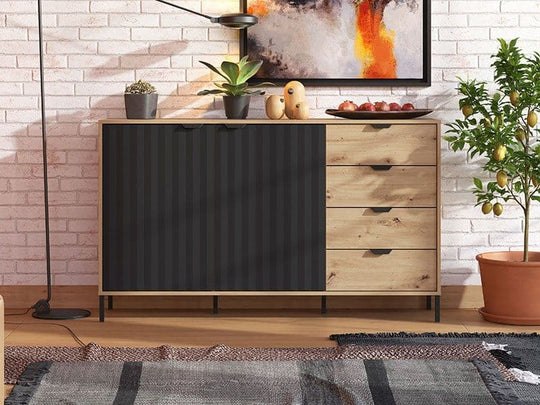 Artisan Oak Effect and Black Sideboard – 2 Door 4 Drawer Storage Cabinet