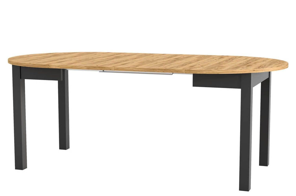 Lavish Kitchen Isle Wiktor round extending dining table in black and oak effect, 105cm to 240cm, with modern design and smooth surface.