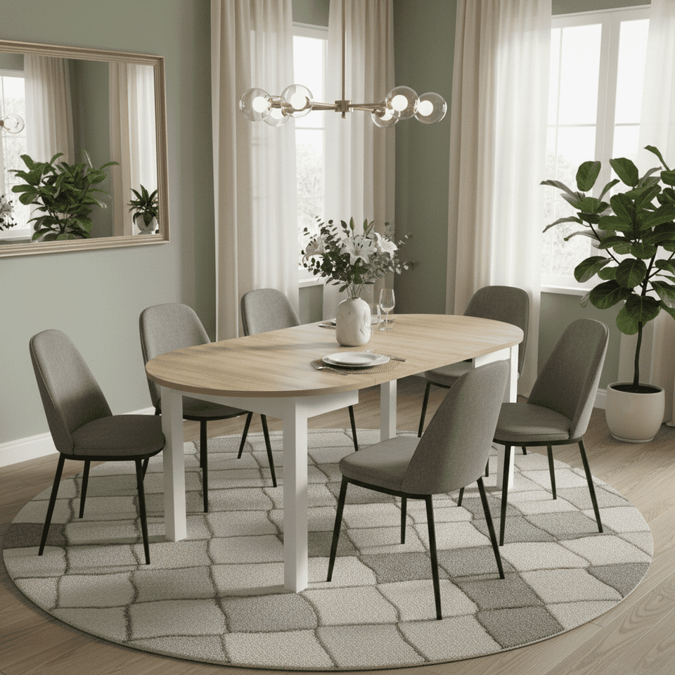 Lavish Kitchen Isle Wiktor round extending dining table in black and white with oak effect, 105cm to 240cm length, modern design
