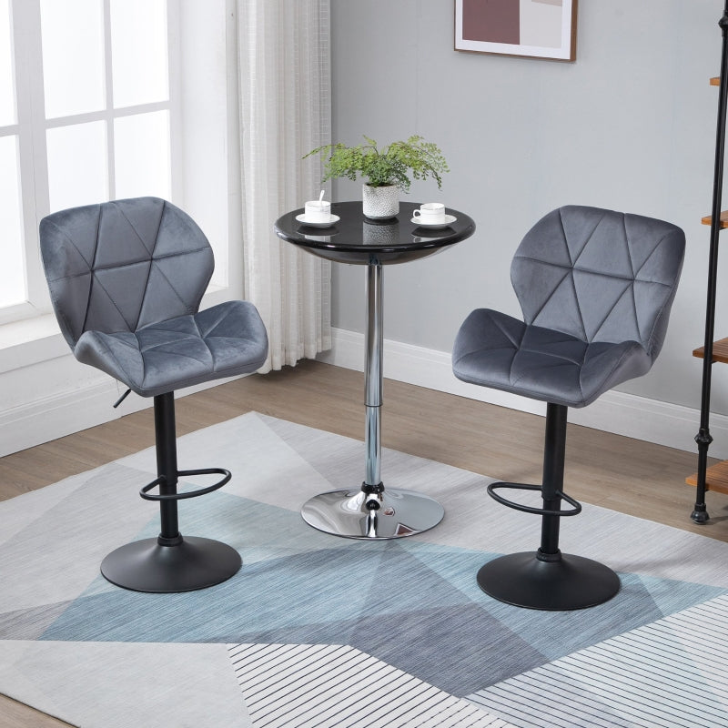 Set of 2 Dark Grey Adjustable Swivel Bar Stools | Upholstered Kitchen Counter Stools with Back for Home Bar and Café