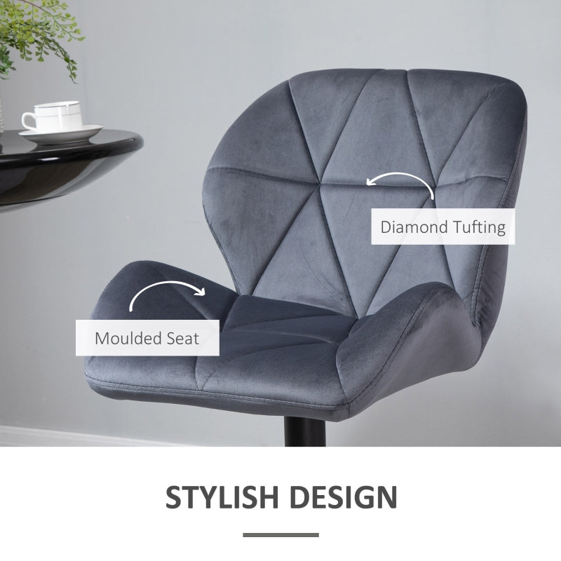Set of 2 Dark Grey Adjustable Swivel Bar Stools | Upholstered Kitchen Counter Stools with Back for Home Bar and Café