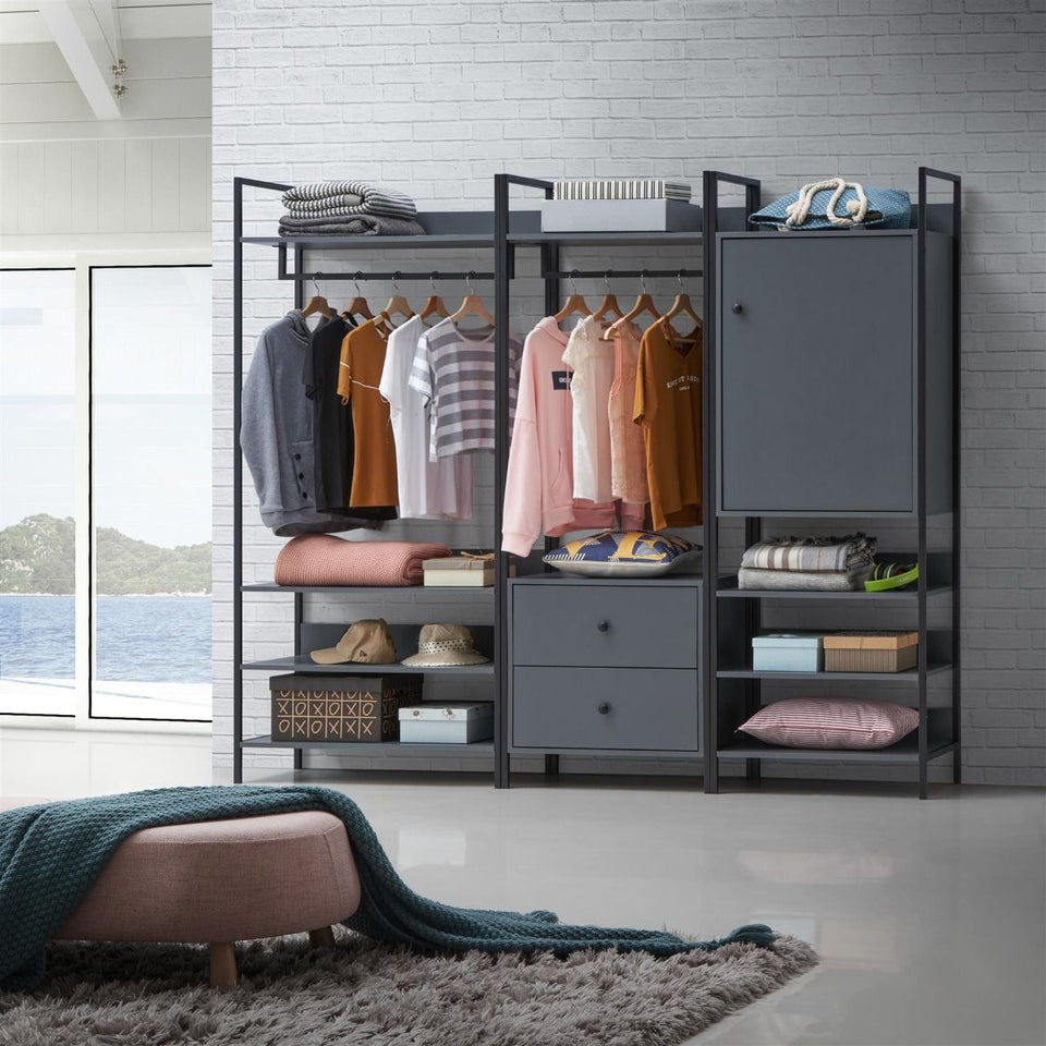 3 Piece Open Wardrobe Bedroom Furniture Set Wardrobe Drawers Metal Frame and Legs-– Stylish Storage Solution