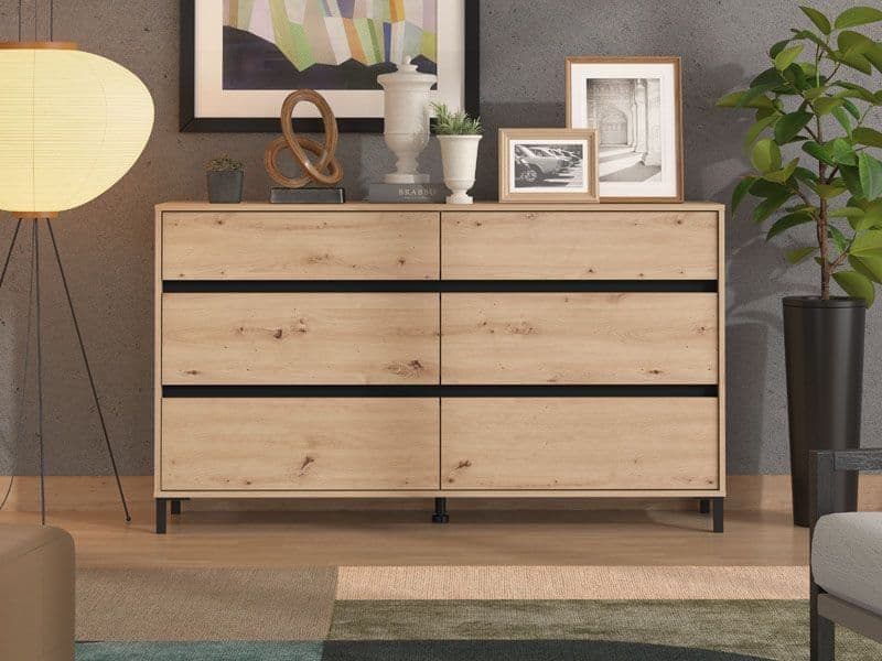 Oak Effect Wide Chest of Drawers – 6 Large Storage Drawers