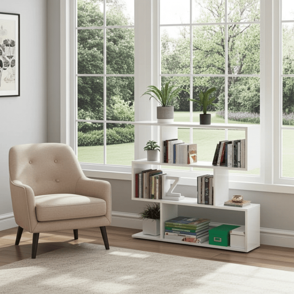 White gloss 3-tier shelving unit by Lavish Kitchen Isle, modern short bookcase for compact spaces and storage.