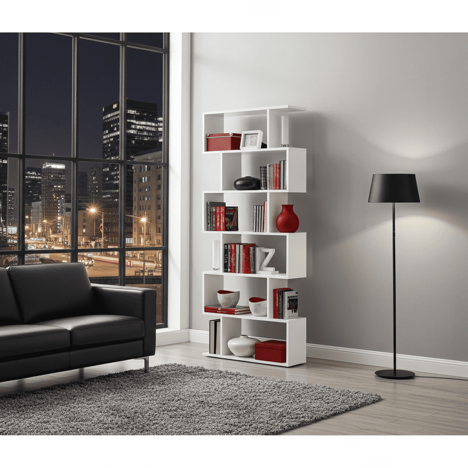 White gloss tall bookcase by Lavish Kitchen Isle with 6 shelves, ideal for modern living rooms and office storage.