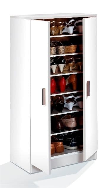 White Shoe Rack Cabinet – 2 Door, 6 Shelf Storage