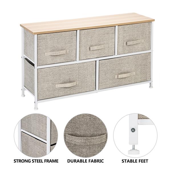 2-Tier Wide Closet Dresser With 5 Easy Pull Fabric Drawers And Metal Frame