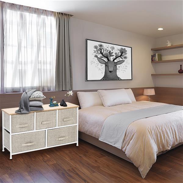 2-Tier Wide Closet Dresser With 5 Easy Pull Fabric Drawers And Metal Frame