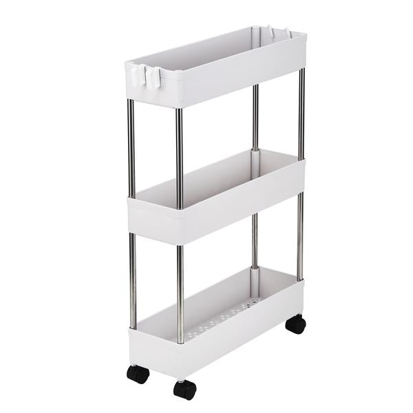 3-Layer Ultra-thin, Mobile Multi-Functional Slim Storage Cart,Suitable for Kitchen, Bathroom, Laundry Room Narrow Place, Plastic and Stainless Steel, White