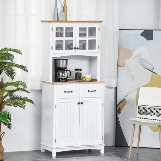 Freestanding Kitchen Storage Cabinet with Framed Glass Doors, Drawers, Microwave Counter- White