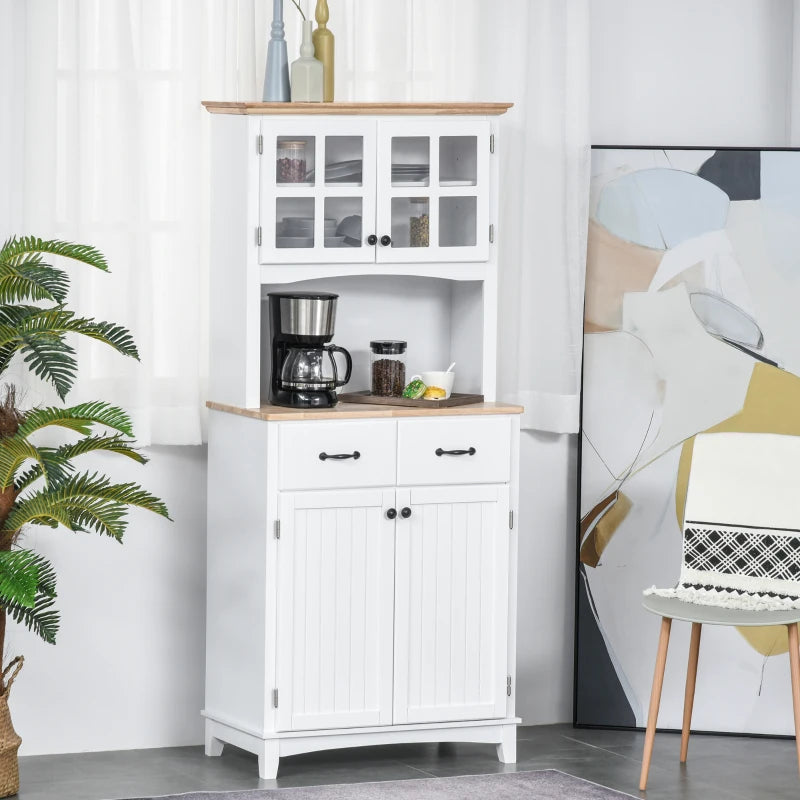 Freestanding Kitchen Storage Cabinet with Framed Glass Doors, Drawers, Microwave Counter- White
