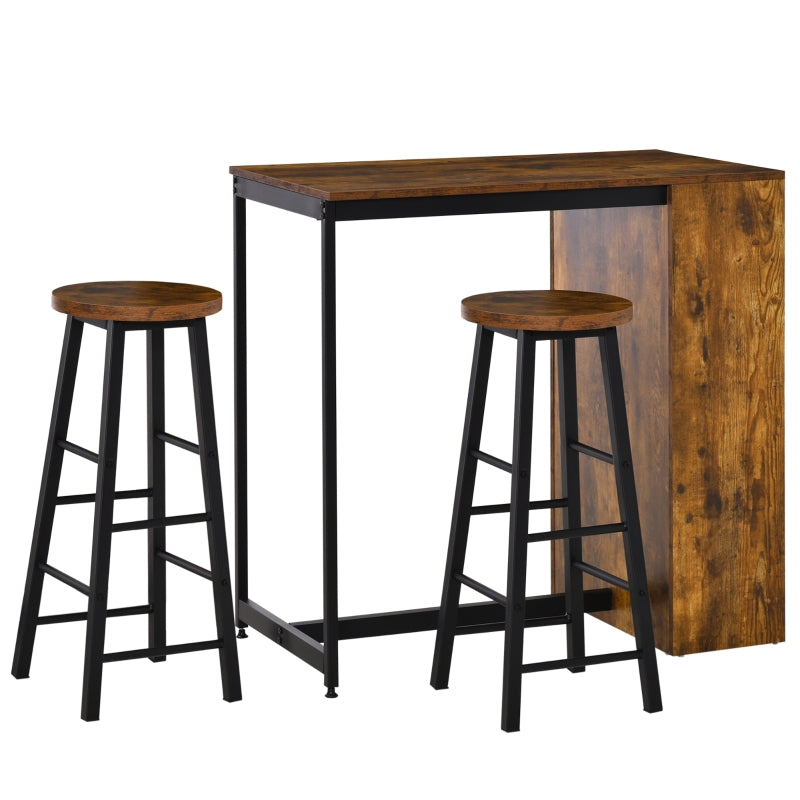 Industrial style bar table set from HOMCOM featuring a table and two stools with a convenient storage shelf.