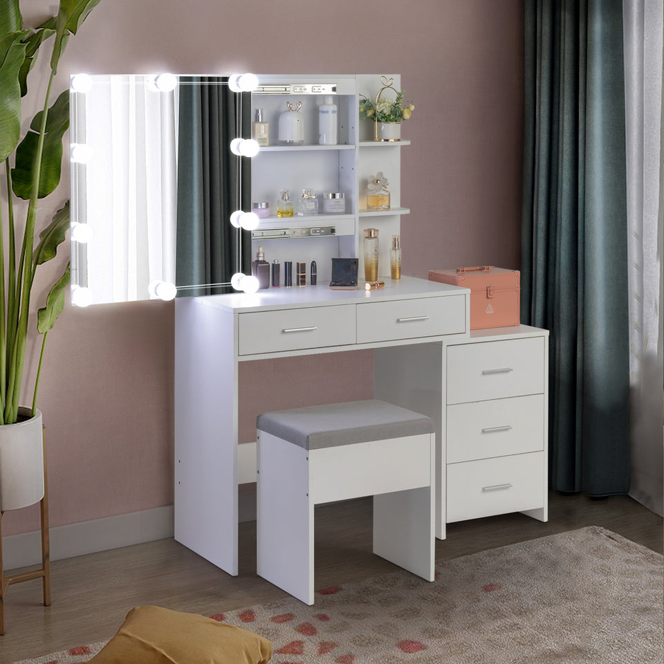 Particleboard Triamine Veneer 5 Pumps 2 Shelves Mirror Cabinet Three Dimming Light Bulb Dressing Table Set White