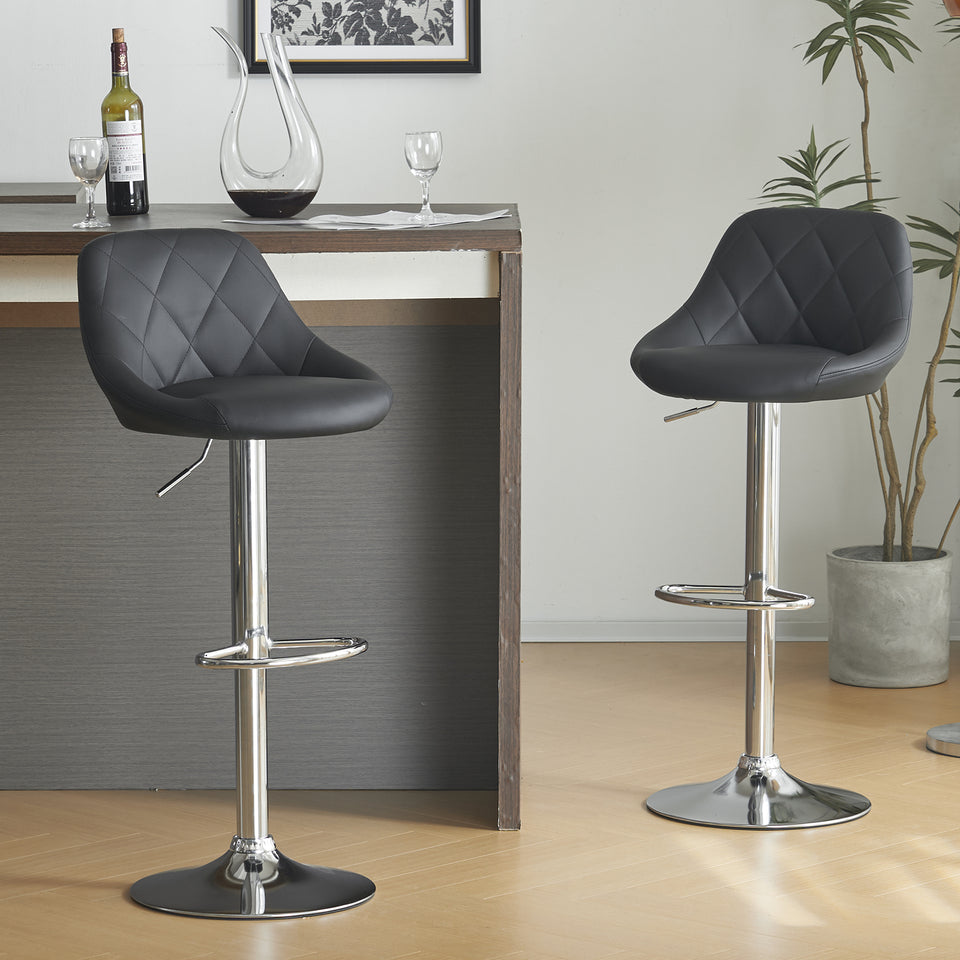 2pcs Adjustable Bar Stools Rhombus Backrest Black PU Leather, No Armrest – Modern High Bar Stools for Kitchen and Bar Counters