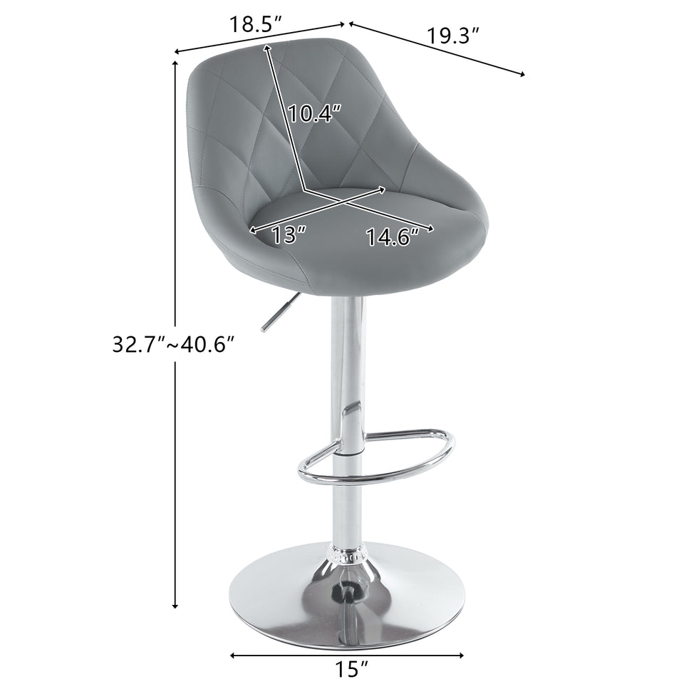 2pcs Adjustable Bar Stools Rhombus Backrest Grey PU Leather No Armrest Modern High Bar Stools for Kitchen and Bar Counters