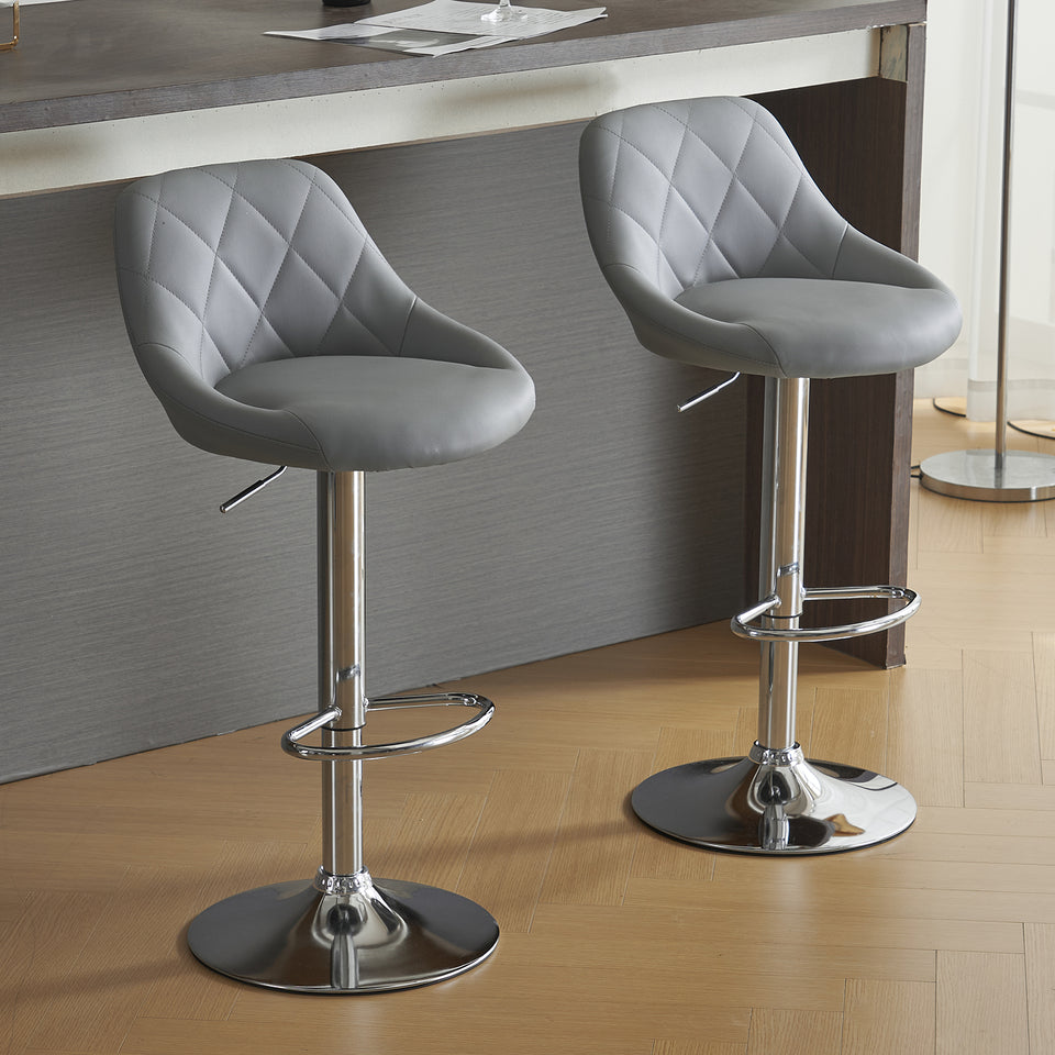 2pcs Adjustable Bar Stools Rhombus Backrest Grey PU Leather No Armrest Modern High Bar Stools for Kitchen and Bar Counters