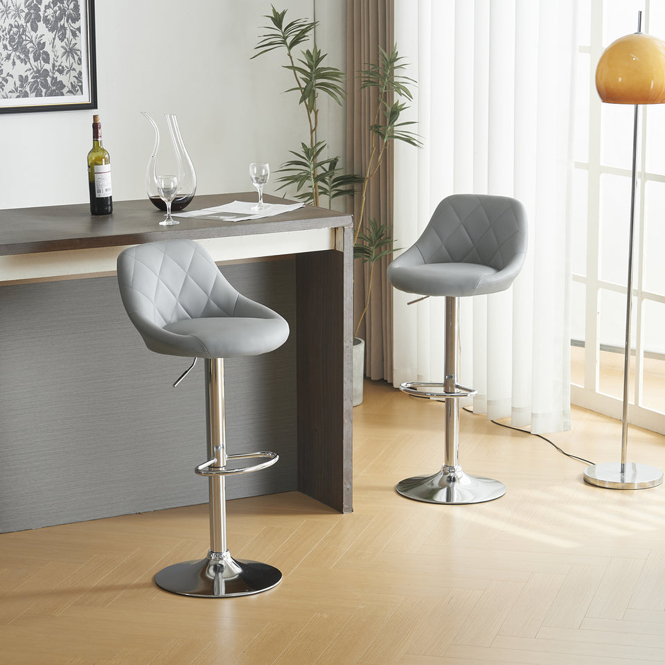 2pcs Adjustable Bar Stools Rhombus Backrest Grey PU Leather No Armrest Modern High Bar Stools for Kitchen and Bar Counters