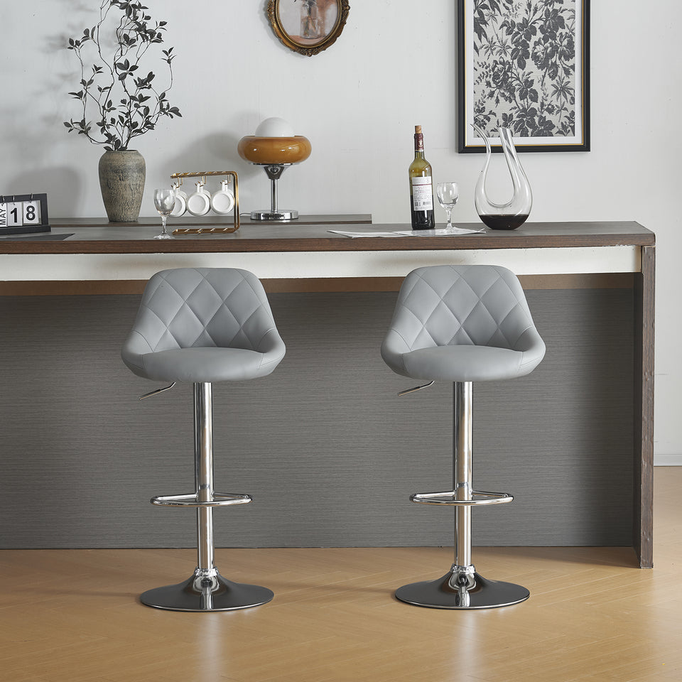 2pcs Adjustable Bar Stools Rhombus Backrest Grey PU Leather No Armrest Modern High Bar Stools for Kitchen and Bar Counters
