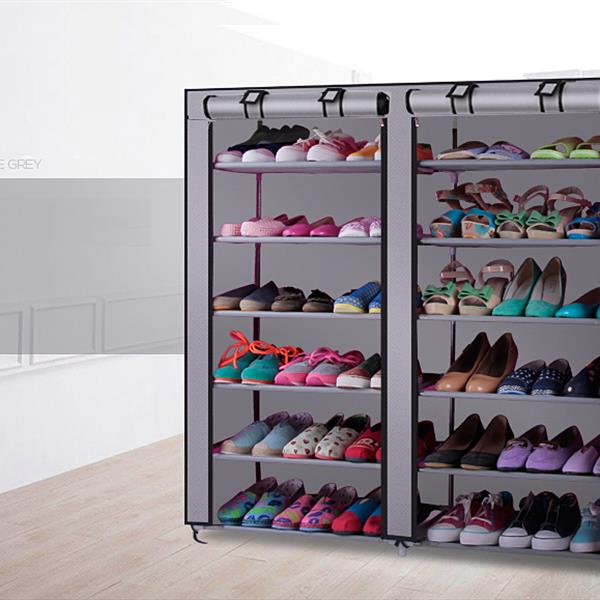 6-Row 2-Line 12 Lattices Non-woven Fabric Shoe Rack Grey