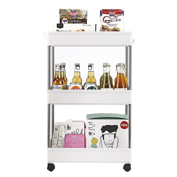 3-Layer Mobile Multi-functional Storage Cart,Suitable for Kitchen, Bathroom, Laundry Room Narrow Place, Plastic and Stainless Steel, White