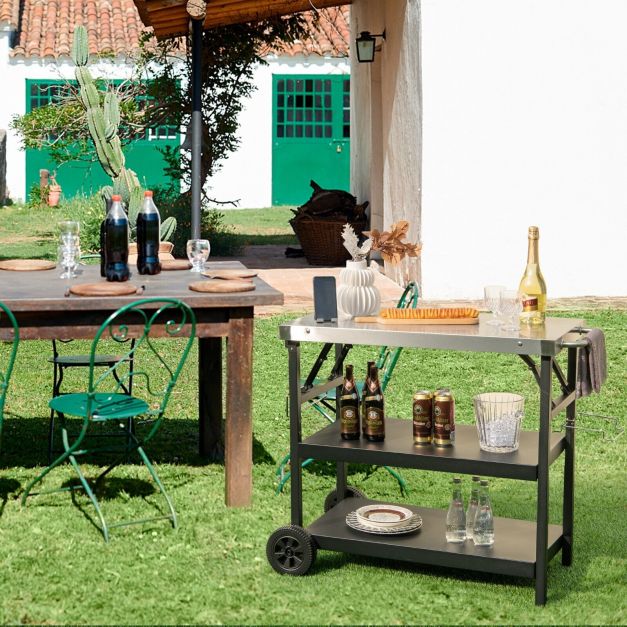 3-Tier Foldable Stainless Outdoor Cart with 2 Wheels