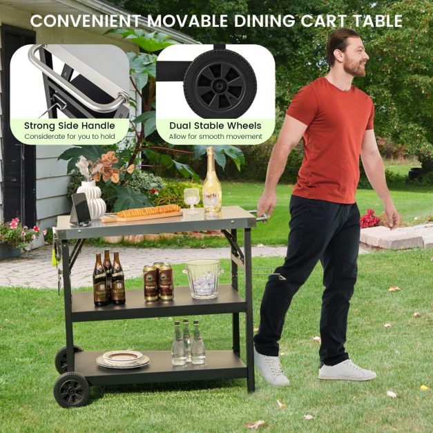 3-Tier Foldable Stainless Outdoor Cart with 2 Wheels