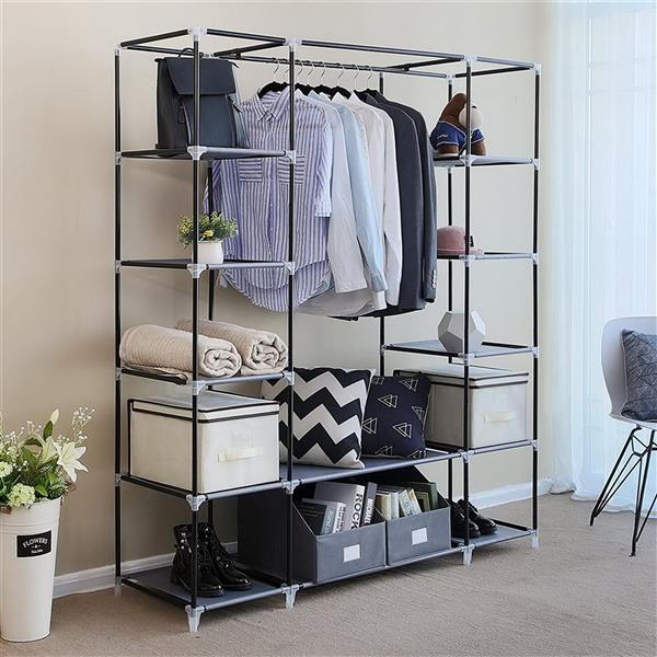 69" Portable Clothes Closet Wardrobe Storage Organizer with Non-Woven Fabric Grey