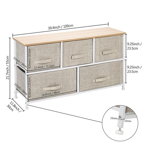2-Tier Wide Closet Dresser With 5 Easy Pull Fabric Drawers And Metal Frame