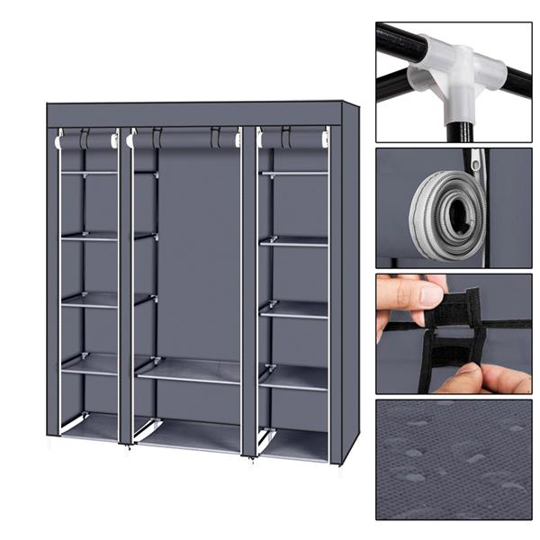 69" Portable Clothes Closet Wardrobe Storage Organizer with Non-Woven Fabric Grey