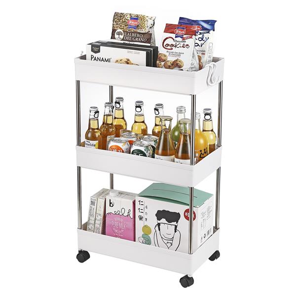 3-Layer Mobile Multi-functional Storage Cart,Suitable for Kitchen, Bathroom, Laundry Room Narrow Place, Plastic and Stainless Steel, White
