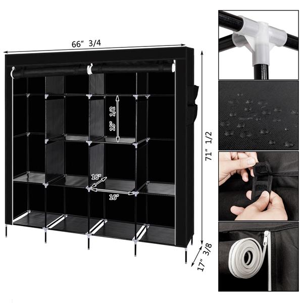 67" Clothes Closet Portable Wardrobe Clothes Storage Rack 12 Shelves 4 Side Pockets Black