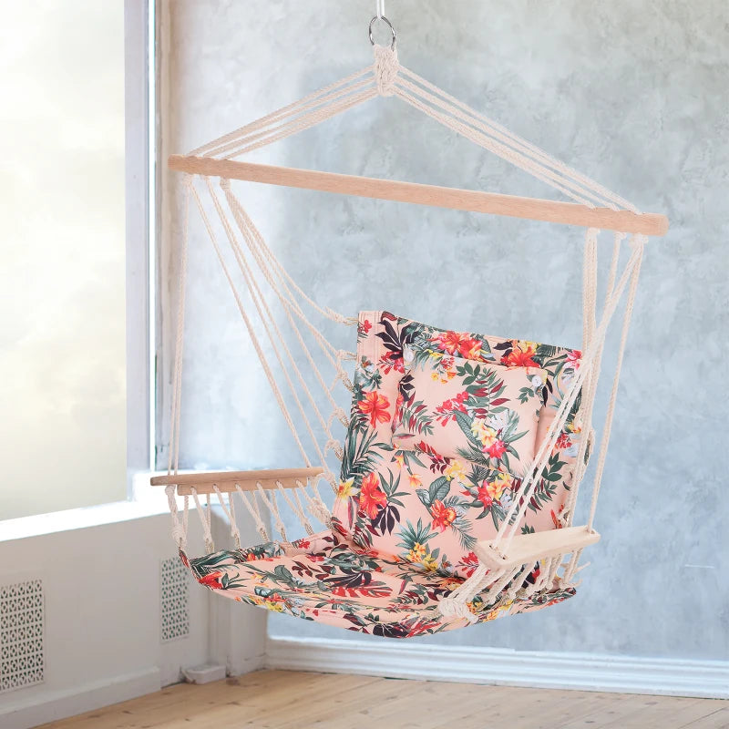 Outsunny hanging hammock chair with bright floral design, safe rope frame, and pillow top, measuring 100x106cm.