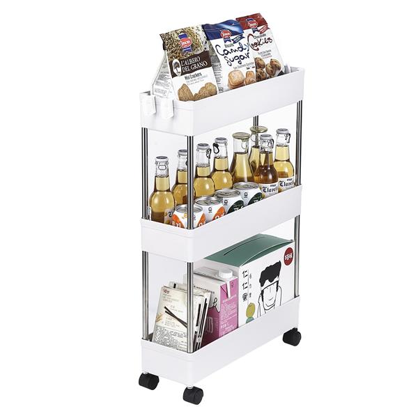 3-Layer Ultra-thin, Mobile Multi-Functional Slim Storage Cart,Suitable for Kitchen, Bathroom, Laundry Room Narrow Place, Plastic and Stainless Steel, White
