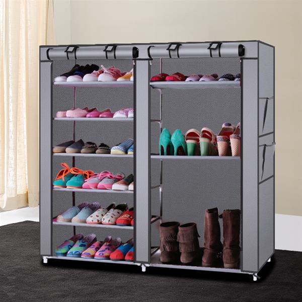 6-Row 2-Line 12 Lattices Non-woven Fabric Shoe Rack Grey