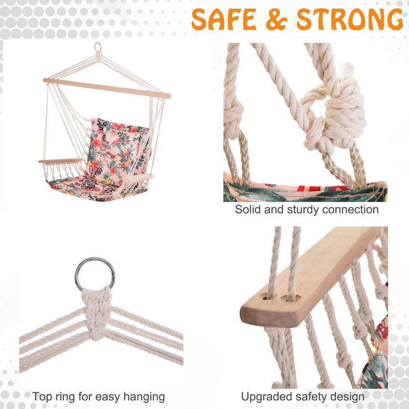 Outsunny hanging hammock chair with floral design, safe rope frame, and pillow top, measuring 100x106cm.
