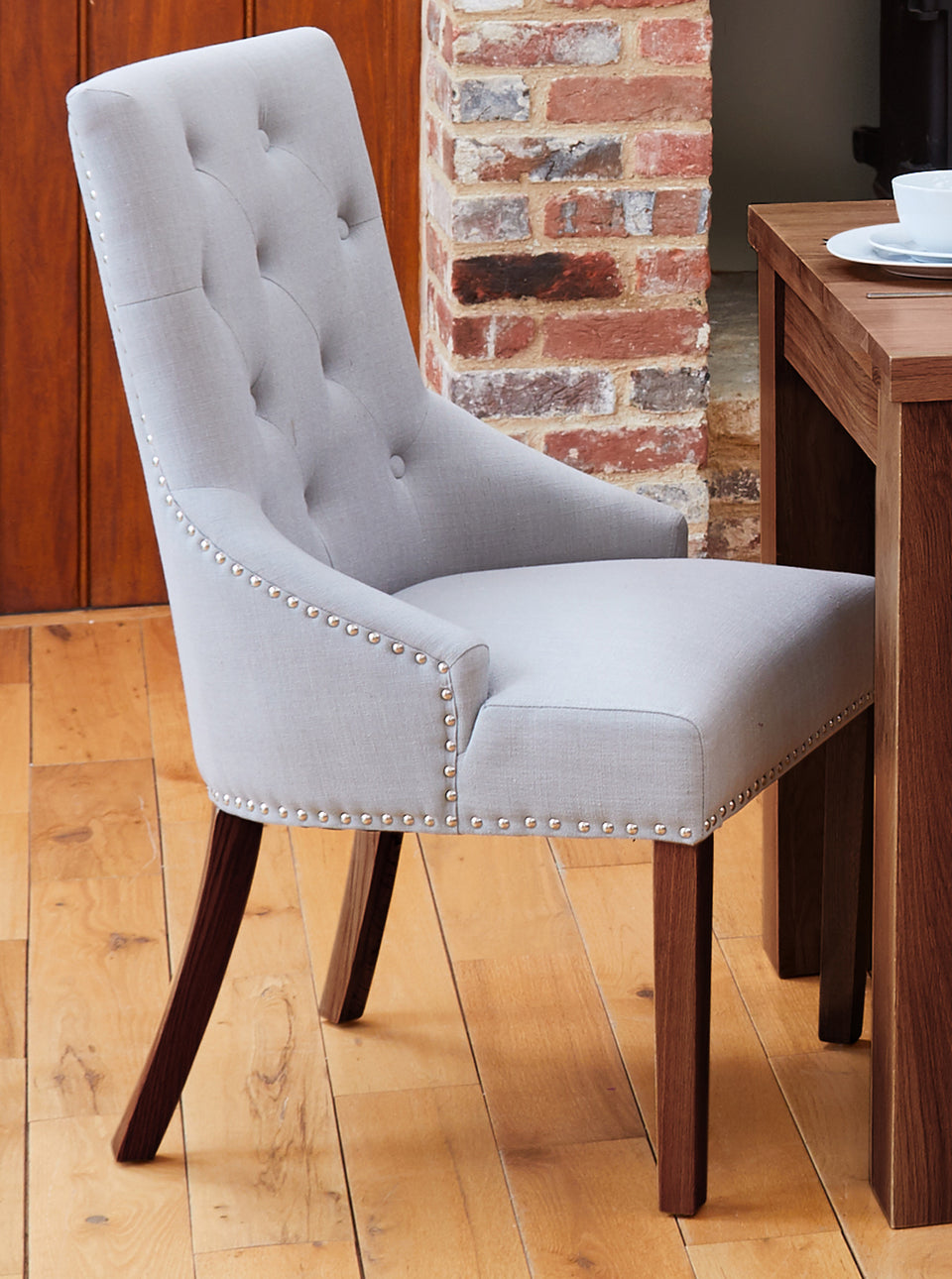 Walnut Accent Narrow Back Upholstered Dining Chair - Grey (Pack Of Two)
